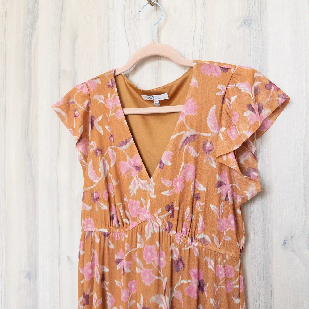 Le Serein Floral Midi Dress S Orange Floral Flutter Sleeve Tiered Romantic Boho